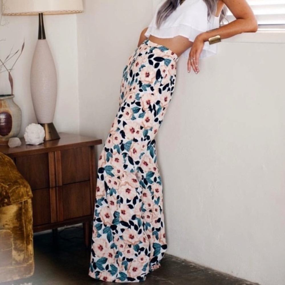Show Me Your MuMu Floral Wide Leg Pants - Cream and Navy